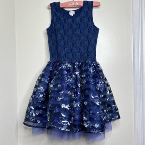 Children’s Place Fancy Dress Dark Blue Purple Floral Kids 10/12 Sleeveless Poofy